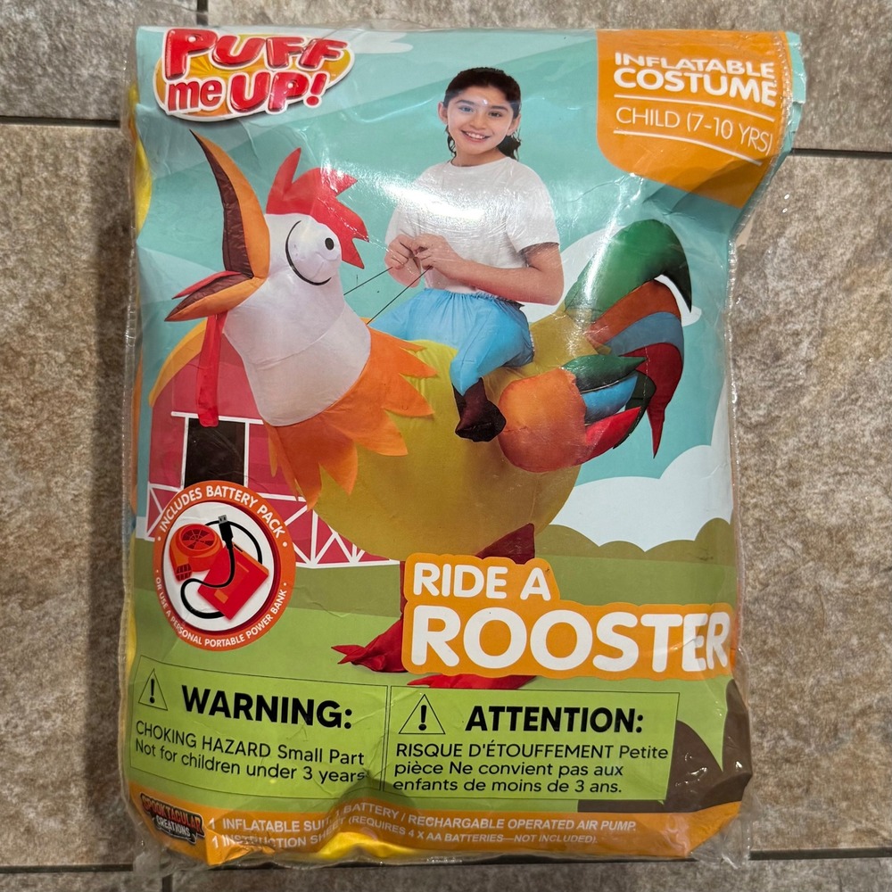 Puff Me Up Ride A Rooster Inflatable Costume Child 7-10 Yellow New Open Box